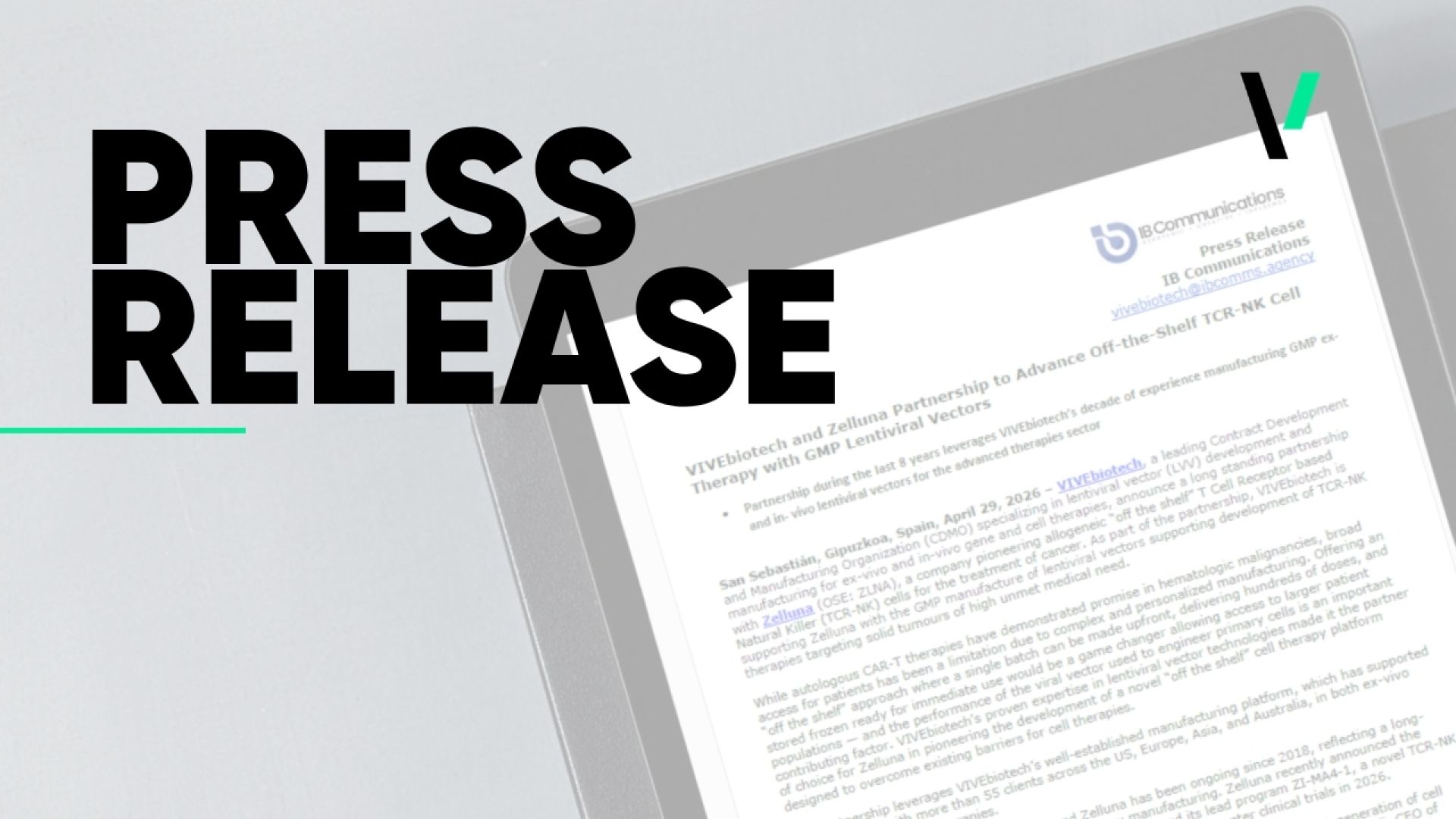 VIVEbiotech and Zelluna Partnership to Advance Off-the-Shelf TCR-NK Cell Therapy with GMP Lentiviral Vectors