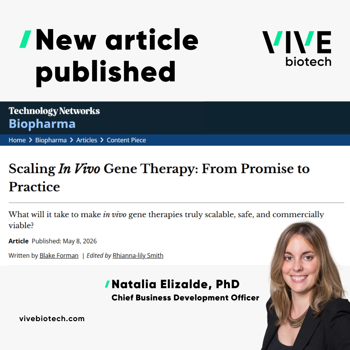 VIVEbiotech Highlights Progress and Challenges in In Vivo Gene Therapy at the Advanced Therapies Congress