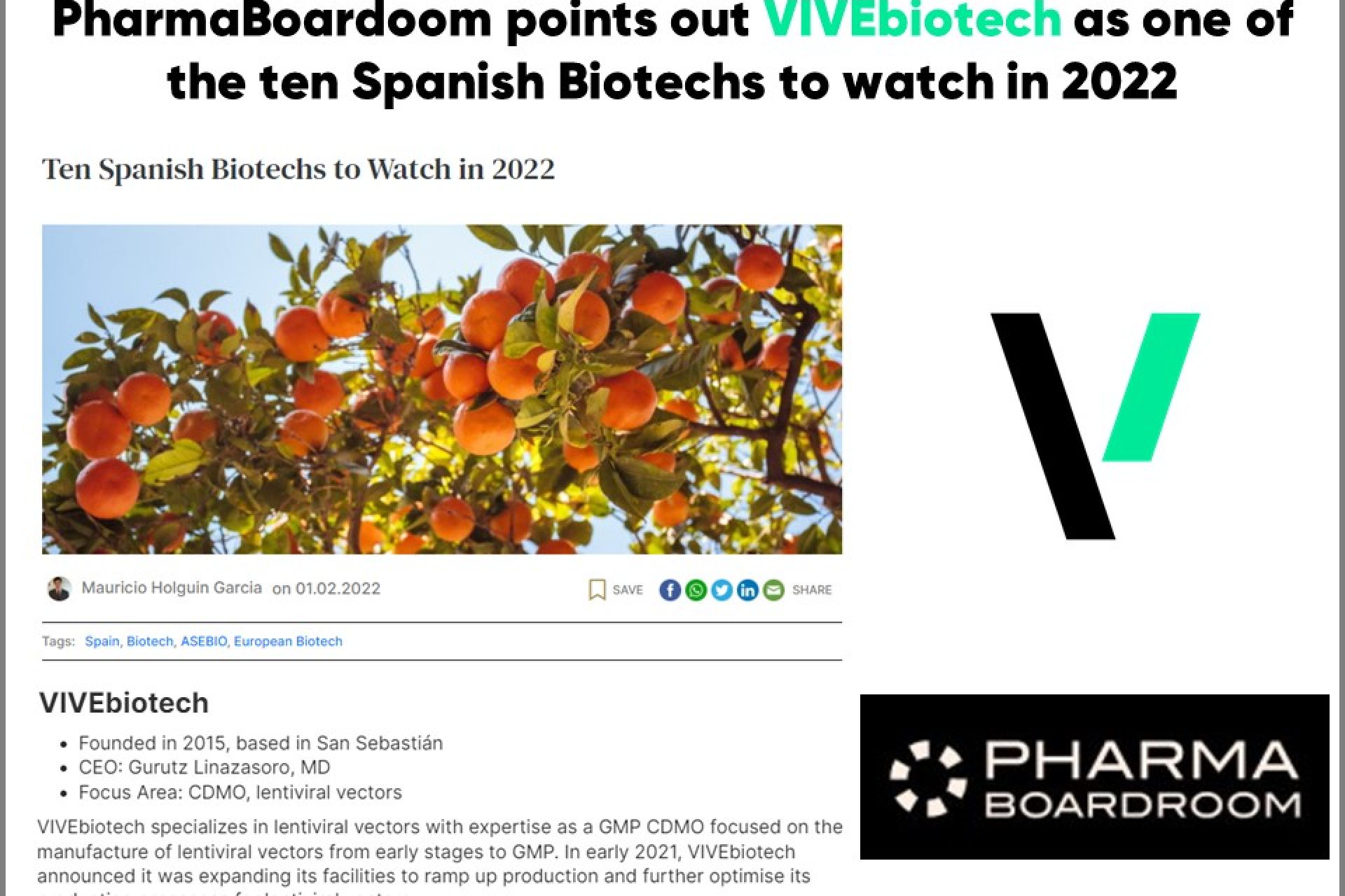 PharmaBoardoom points out VIVEbiotech as one of the ten Spanish Biotechs to watch in 2022