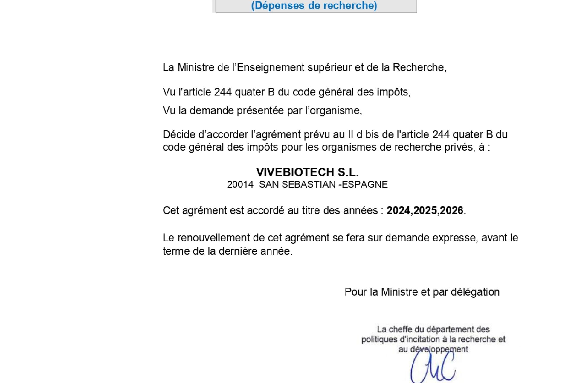 VIVEbiotech achieves renewal of CIR certification