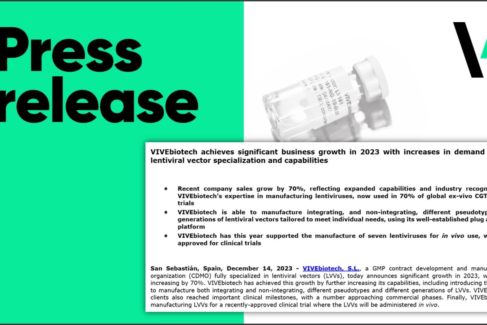 VIVEbiotech achieves significant business growth in 2023 with increases in demand for its lentiviral vector specialization and capabilities