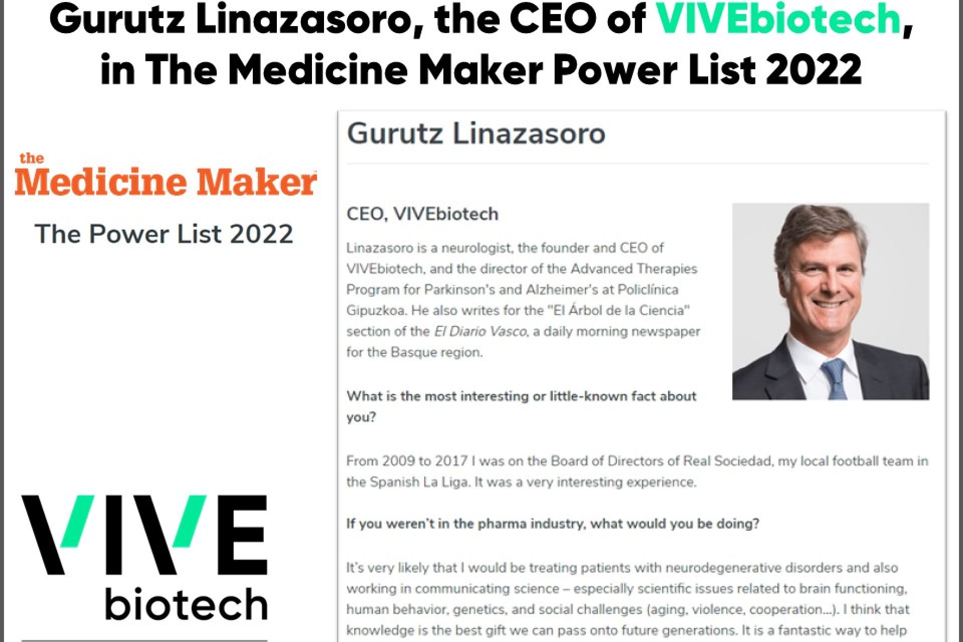 Gurutz Linazaroso, the CEO of VIVEbiotech, in the Medicine Maker Power List 2022