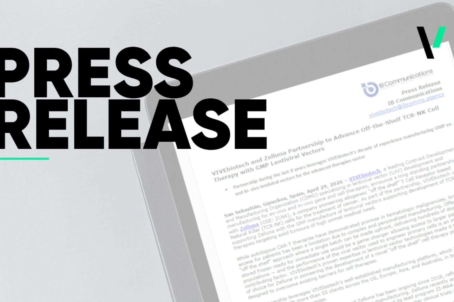 VIVEbiotech and Zelluna Partnership to Advance Off-the-Shelf TCR-NK Cell Therapy with GMP Lentiviral Vectors