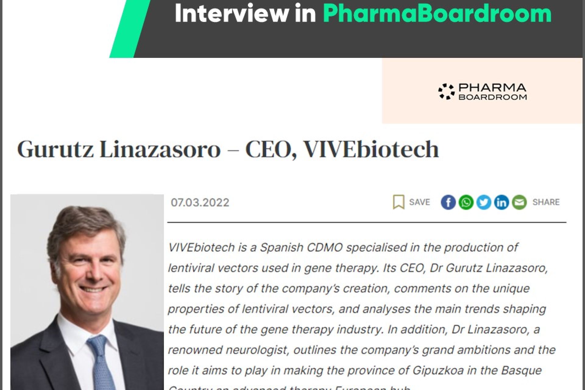 PharmaBoardroom interviews Gurutz Linazasoro, CEO of VIVEbiotech
